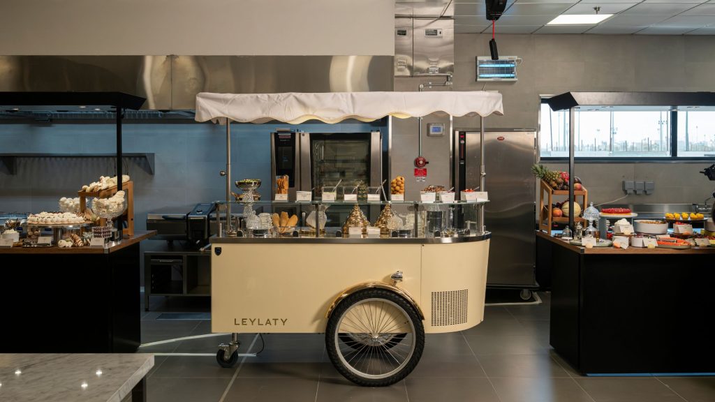 Signature dessert and gelato cart setup at Leylaty Events Riyadh catering facility